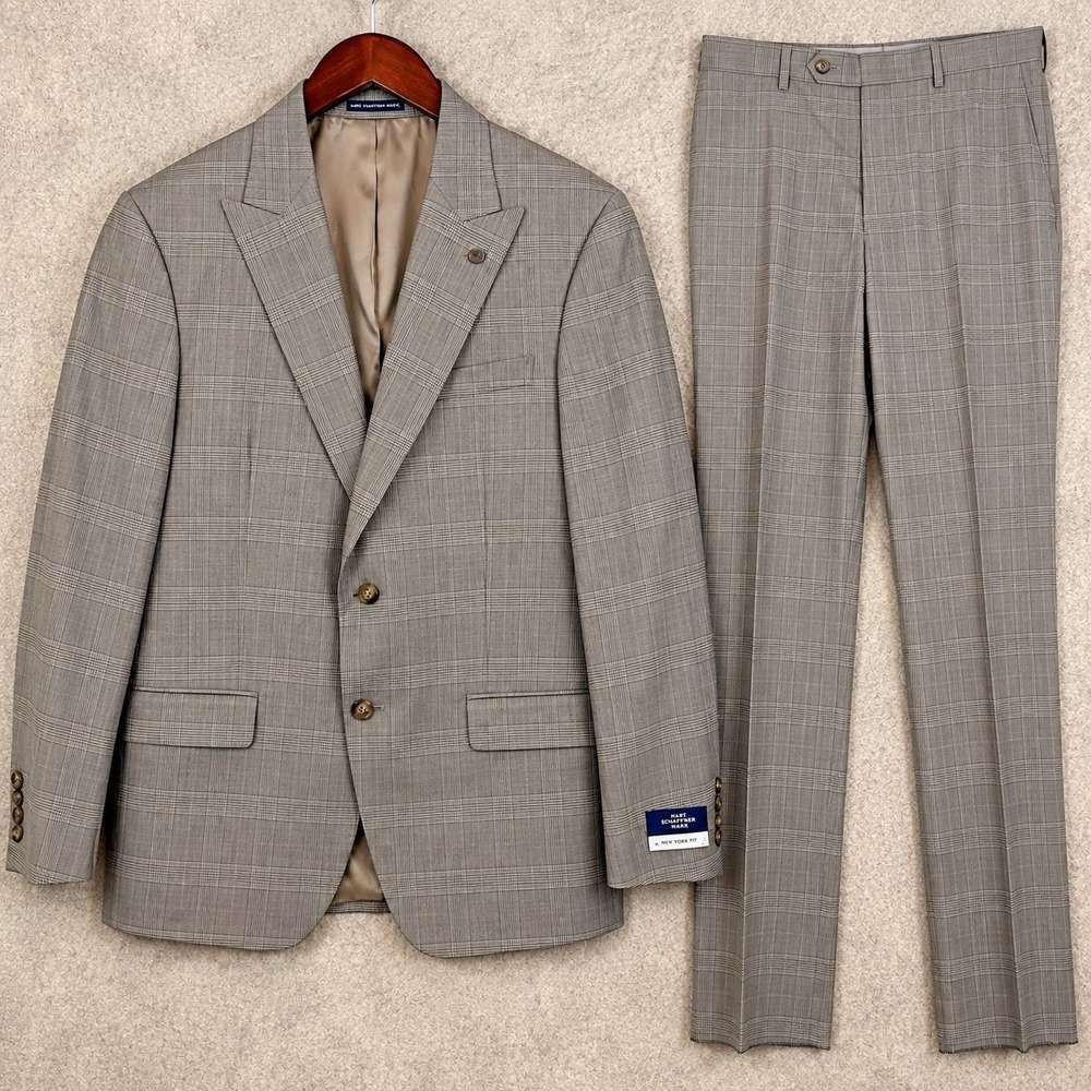 Hart Schaffner Marx Suit 40R 33W NWT Brown Plaid Wool Silk Linen New York Fit